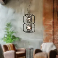 Retro LED Chandelier Black Geometric Hanging Lamp with Grey Glass Shade Metal Frame Pendant Light for Dining Table Living Room