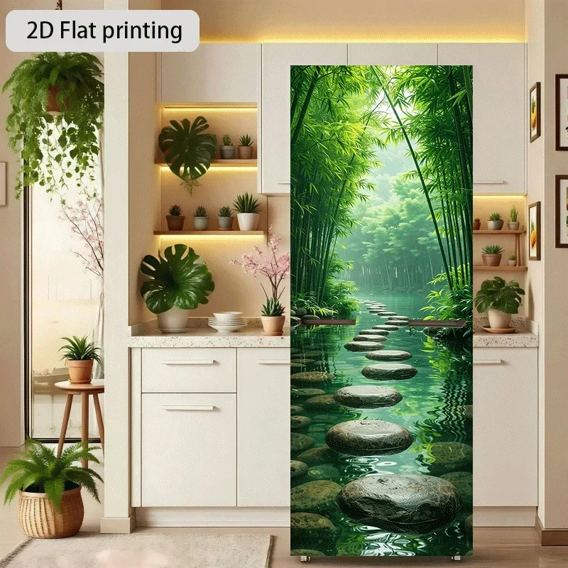 Refrigerator Sticker Bamboo Forest Stream Stone Path Theme Design Wall Sticker Decorative Wallpaper Self-Adhesive Suitable for