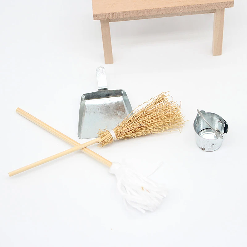 1/12 Dollhouse Broom Dustpan Mop Metal Pail Kit Dollhouse Mini Cleaning Tool Accessories Dolls House Decor Pretend Play Toy