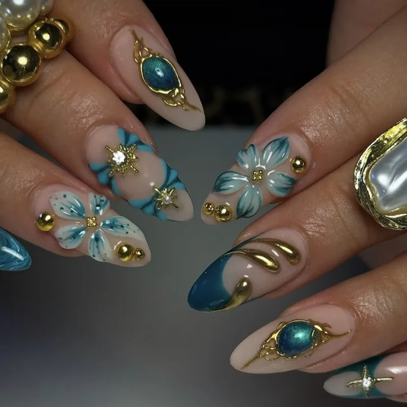 

24PCS Cyan Blue Fake Nails 3D Flowers Design Sweet Cool Hot Style Press on Nails Vacation Style Elegant Nail Art Uñas Acrilicas