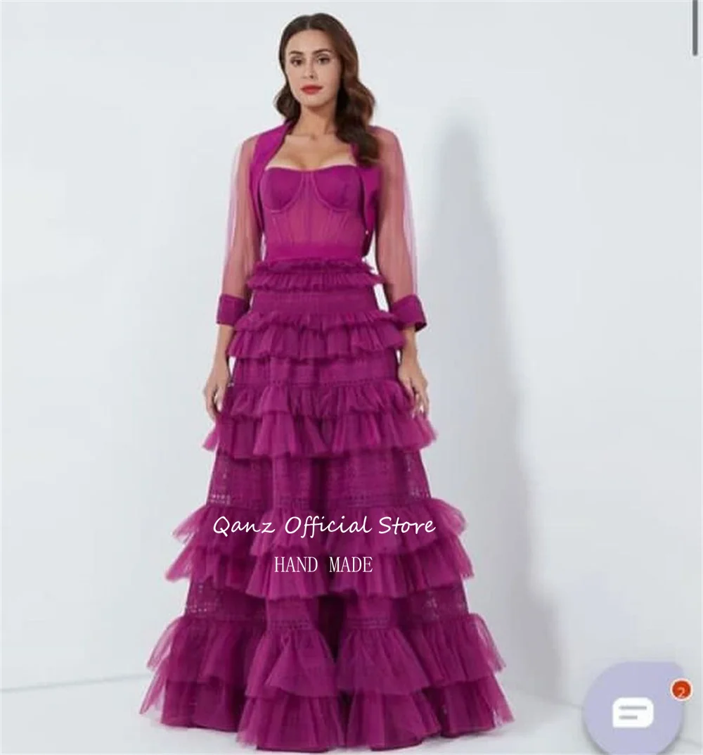 Qanz Elegant Tulle Long Evening Dresses Ruched Fuchsia Full Sleeves Pleat Formal Occasion Dresses Floor Length Abendkleider Duba