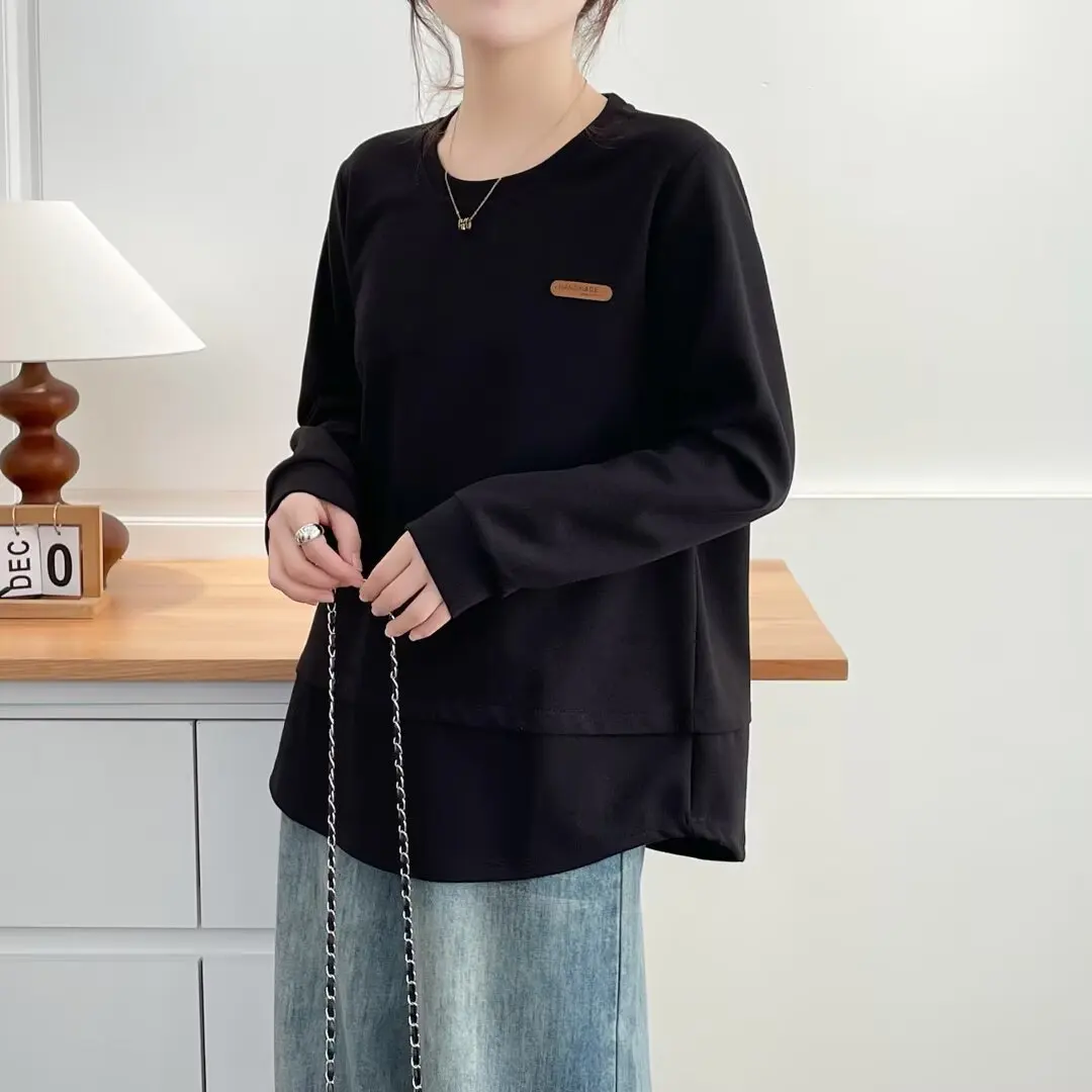 XXXXL موضة حجم كبير بلوزات المرأة الخريف جديد بسيط عادية المسمى وهمية 2 قطعة بأكمام طويلة 633 #1