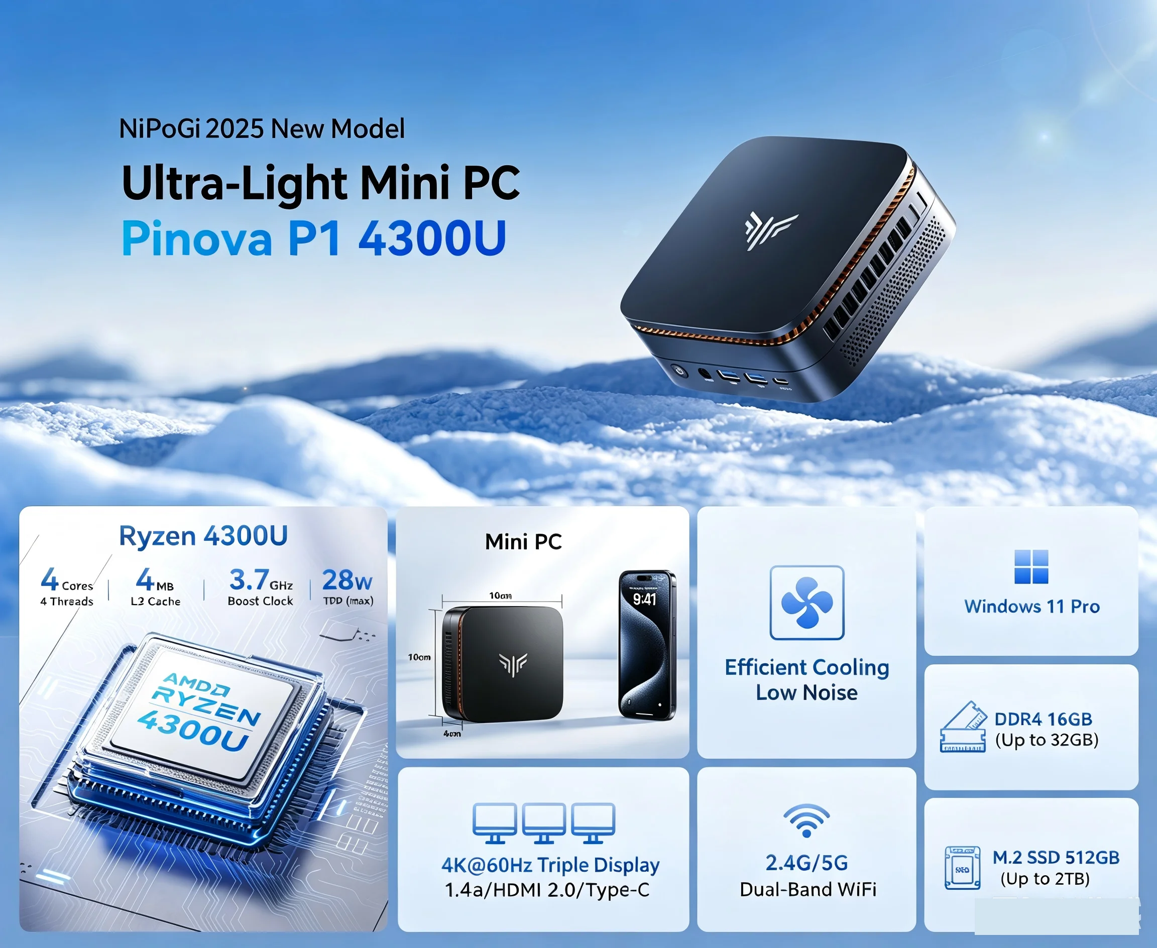 KAMKUI AMD Ryzen 3 4300U（Beat N150) Mini PC 16GB DDR4 512GB SSD Win 11 Pro Triple 4K Display Desktop Computers