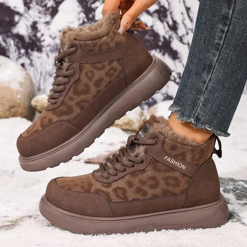 Warm Plush Lined Casual High-Top Sneakers Women Winter 2026 Casual Leopard Cotton Vulcanized Shoes Women Comfortable Snow Boots