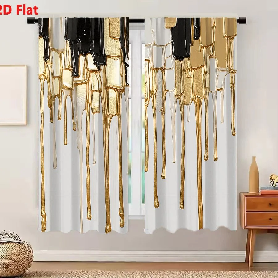 2Pcs Curtains 2D Flat Abstract Liquid Drips In Metallic Gold Glossy Black And Translucent White Against Light Gray Background Wi