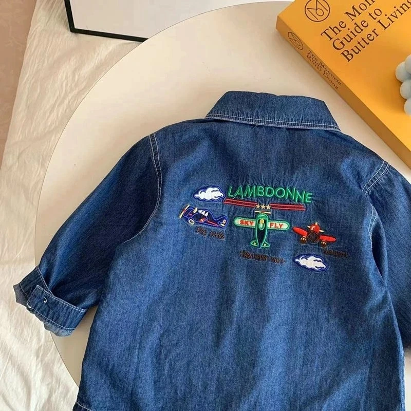 Fashion Boys denim shirt cartoon Embroidery Kids long sleeve Coat children loose casual denim jacket