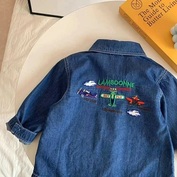 Fashion Boys denim shirt cartoon Embroidery Kids long sleeve Coat children loose casual denim jacket 6