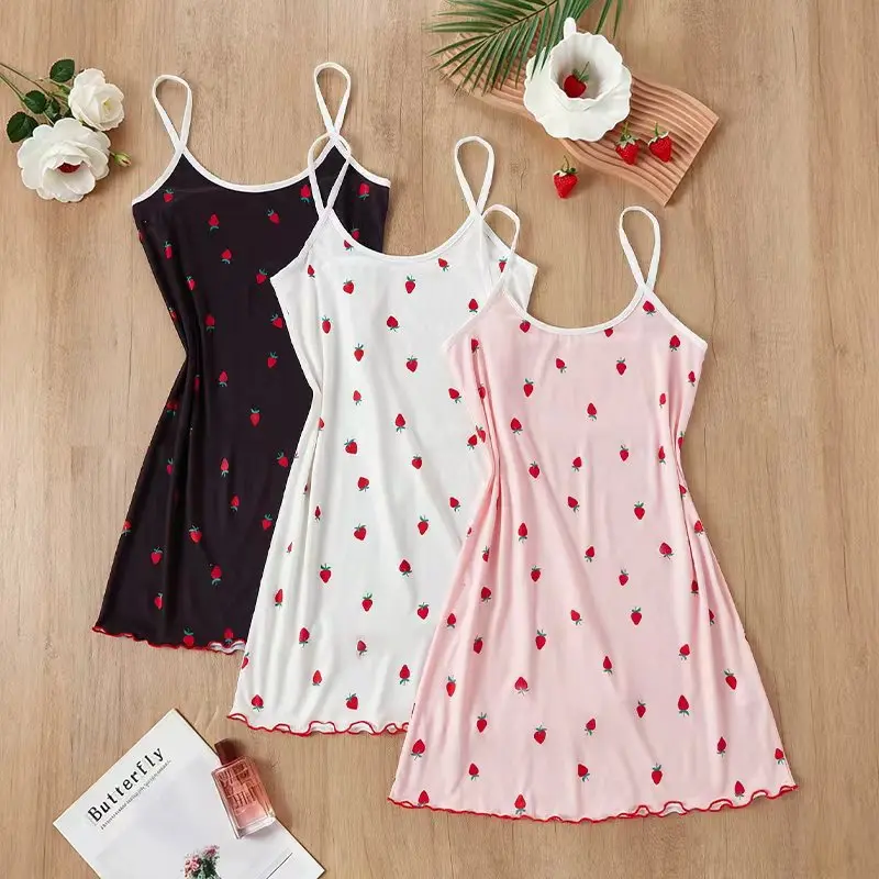 

European and American Women's Milk Silk Heart-Shaped Printed Suspender Dress for Casual Home Wear Sleepwear Sexy Nightwear