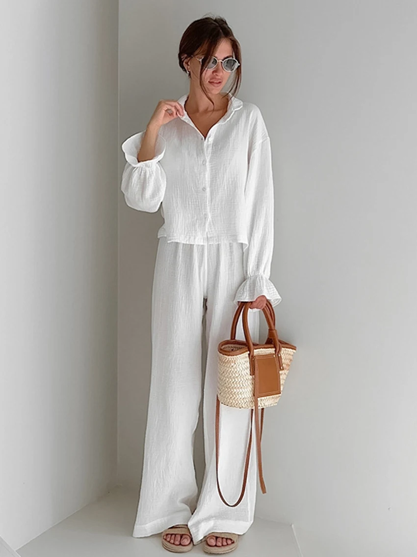 

Marthaqiqi Cotton Ladies Nightgowns Sets O-Neck Sleepwear Long Sleeve Pajamas Wide Leg Pants Casual White Female Nightwear Suit