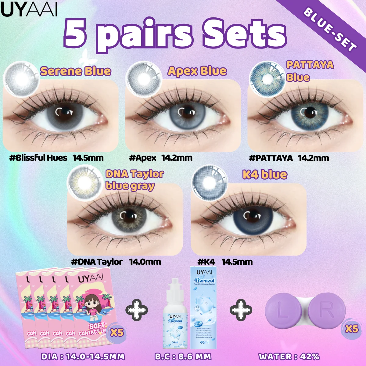 UYAAI 5 pares de lentes de contacto de colores yeaily lentes de ojos azules contacto gris estilo natural hermoso | Compre 5 y obtenga 1 solución de cuidado