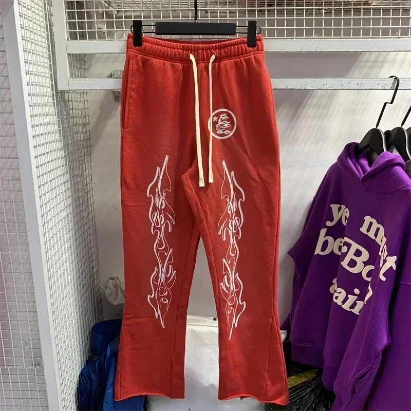 Algodão puro Red Flare Calças, Logotipo Jogger Impressão, Drawstring Sweatpants, Conjunto de agasalho extragrande alta qualidade