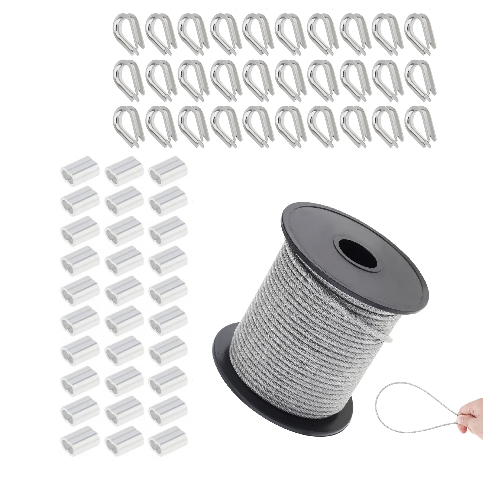 

30m 1/8 Inch 7x7 Strand Wire Rope Cables Kit for String Lights Outdoor Hanging Clothes Line M3 Thimble Rigging Cable Ferrules