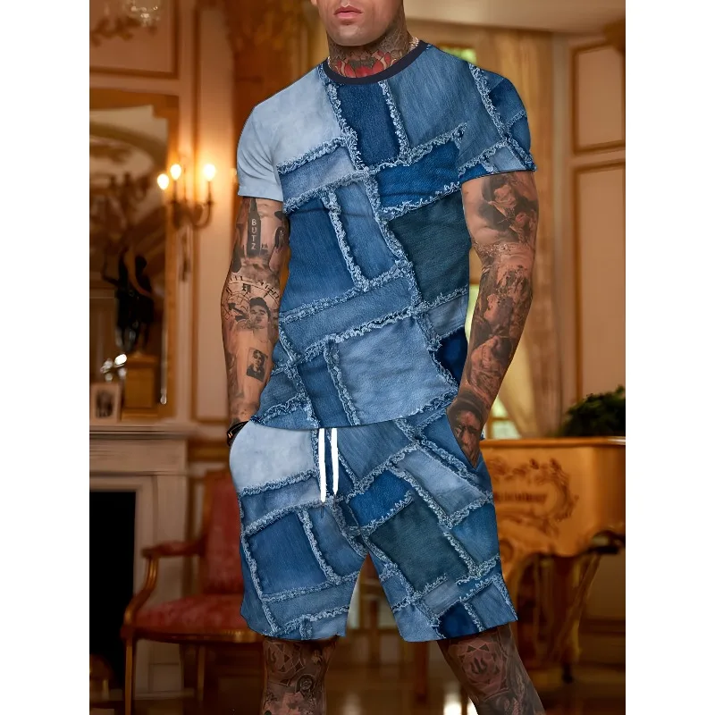 Summer 2025 3D Printed Polyester Fiber Round Neck Short Sleeved T-shirt and Shorts Set for Casual Sports and Outdoor Activities