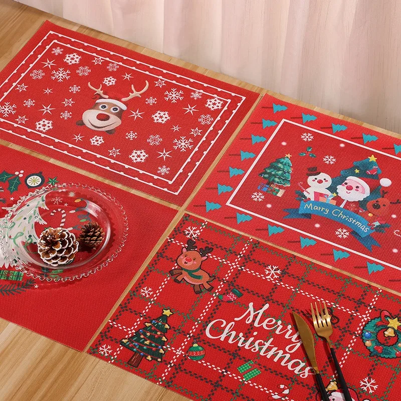 

Merry Christmas Red Placemat Santa Claus Coffee Print Linen Tableware Kitchen Dinning TableMat Coffee Cup Pad Non-slip Decor