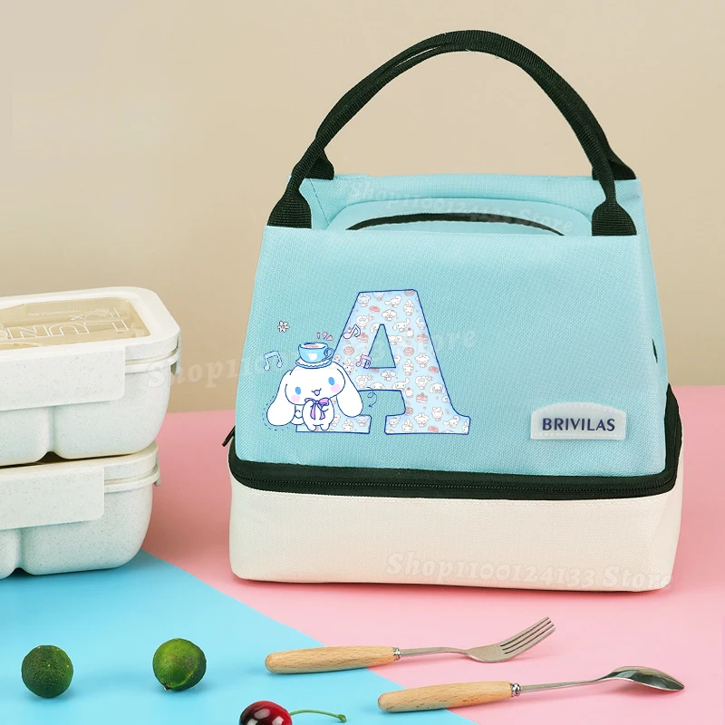 

Cute Cinnamoroll Kids Hand Lunch Bag Sanrio Anime Letter A-Z Print Girl Student Lunch Box Woman Office Kawaii Party Thermal Case