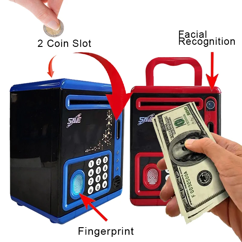 Fingerprint Facial Recognition Mini Piggy Bank Toy, Intelligent ATM Piggy Bank Children's Large Safe Box, Birthday Gift for Boys