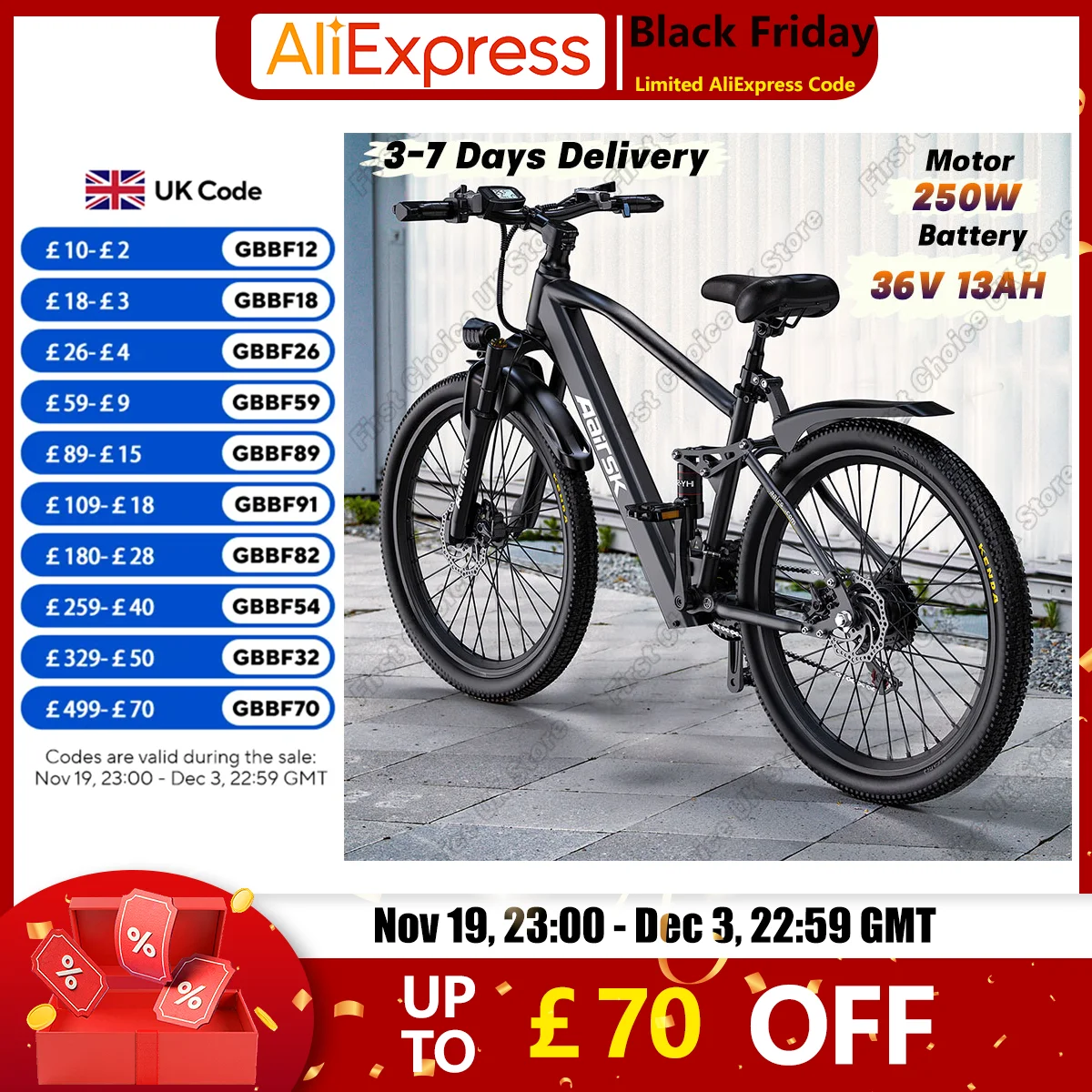 Aairsk GT900 Adult Mountain Ebike 250W Motor 36V 13Ah Battery Urban Electric Bicycle 26*1.95" Tire Dual Suspension Electric Bike