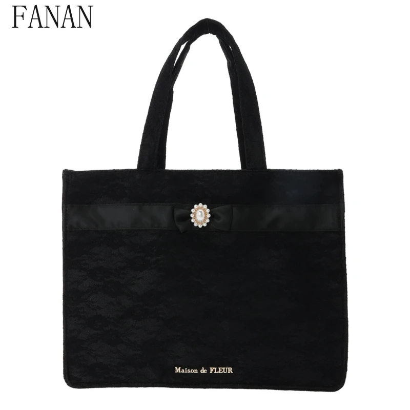 Lace Powder Jacquard Women's Handbags Ribbon Square Tote Bag Japanese Style Ladies Hand Bags Solid Color Top-Handle Bags view 2