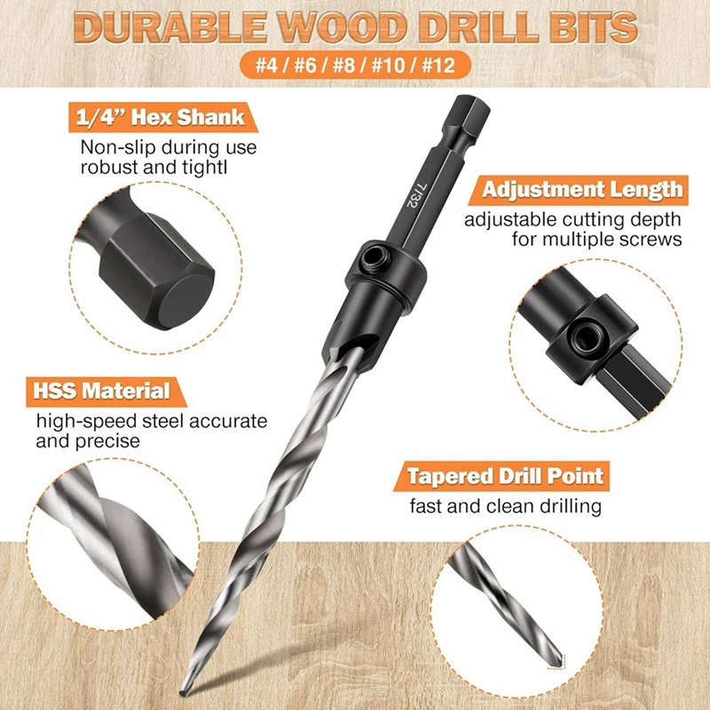 SEWS-Countersink Drill Bit Set, 5 Pcs Woodworking Tapered Drill Bits For 4, 6, 8, 10, 12 Screws, Replacement Bit Holder