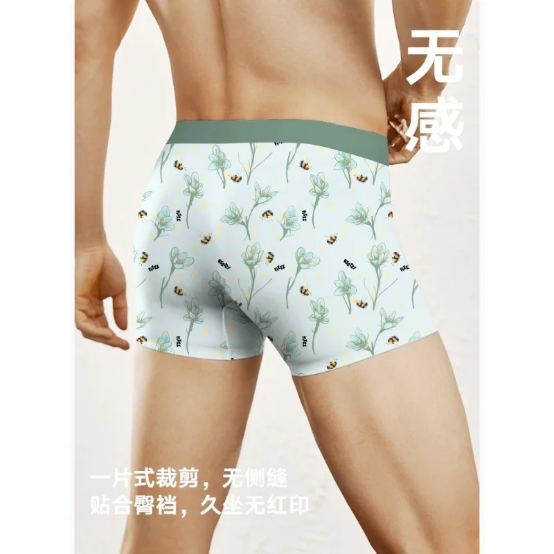 2024 Summer seamless Ice silk printing flowers ultra-thin lightweight breathable cool quick drying boxers underwear men students