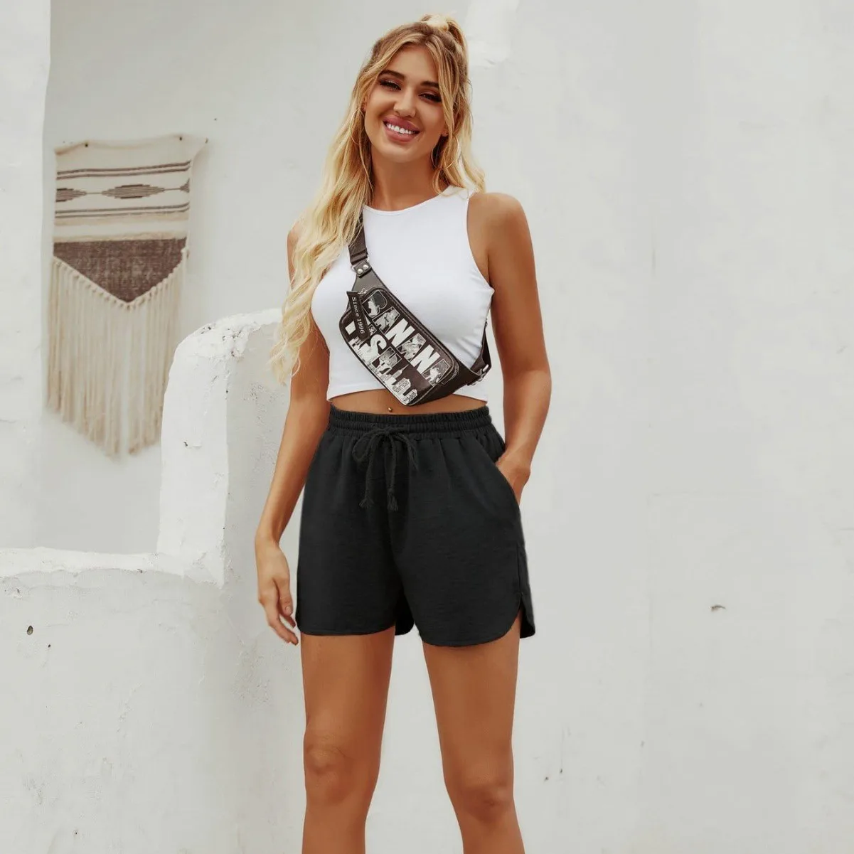 عالية الجودة بلون المألوف عالية الخصر عارضة مستقيم الرباط السراويل بانت الملابس النسائية الصيف #4