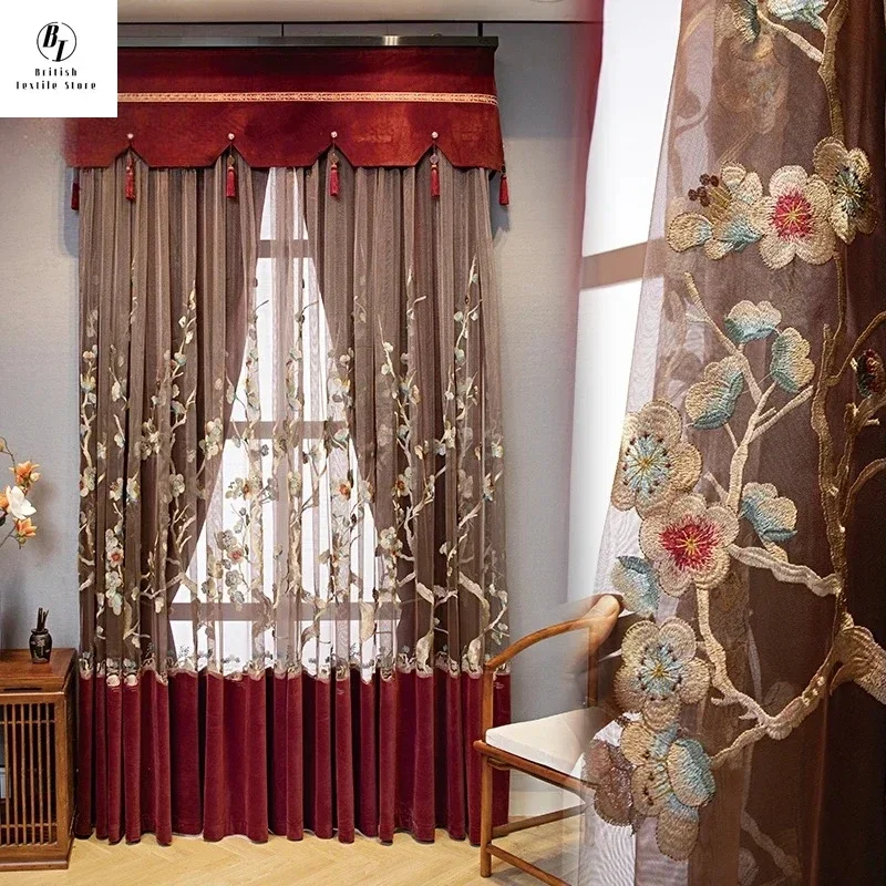 

Custom Size！！Chinese Style Wine Red Embroidered Window Screen Velvet Splicing Curtains for Living Dining Room Bedroom Decor