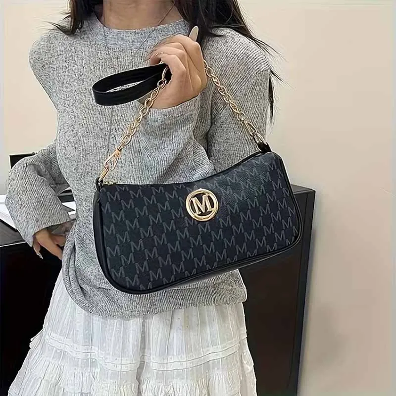 Modische Damen-Handtasche mit geometrischem Muster, Ketten-Unterarmtasche, Metall-Logo-Dekor, leichte Schulter- und Umhängetasche für den täglichen Gebrauch – Detail 7