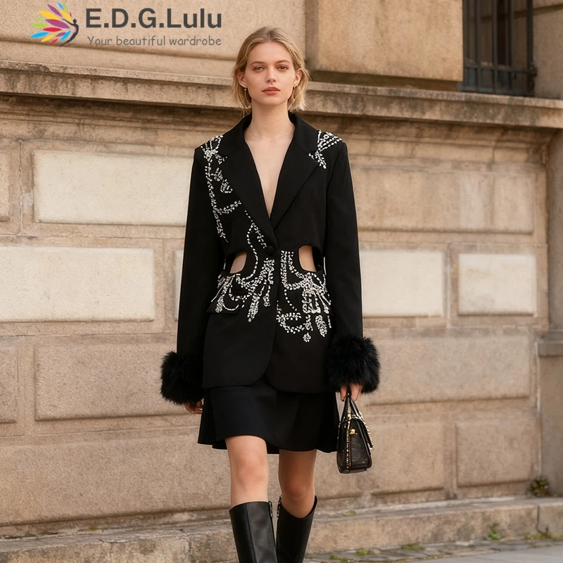 

EDGLuLu новый дизайн блестящий пиджак со стразами, стильный офисный дизайн высокого качества, полый черный, белый цвет, пиджак 1026