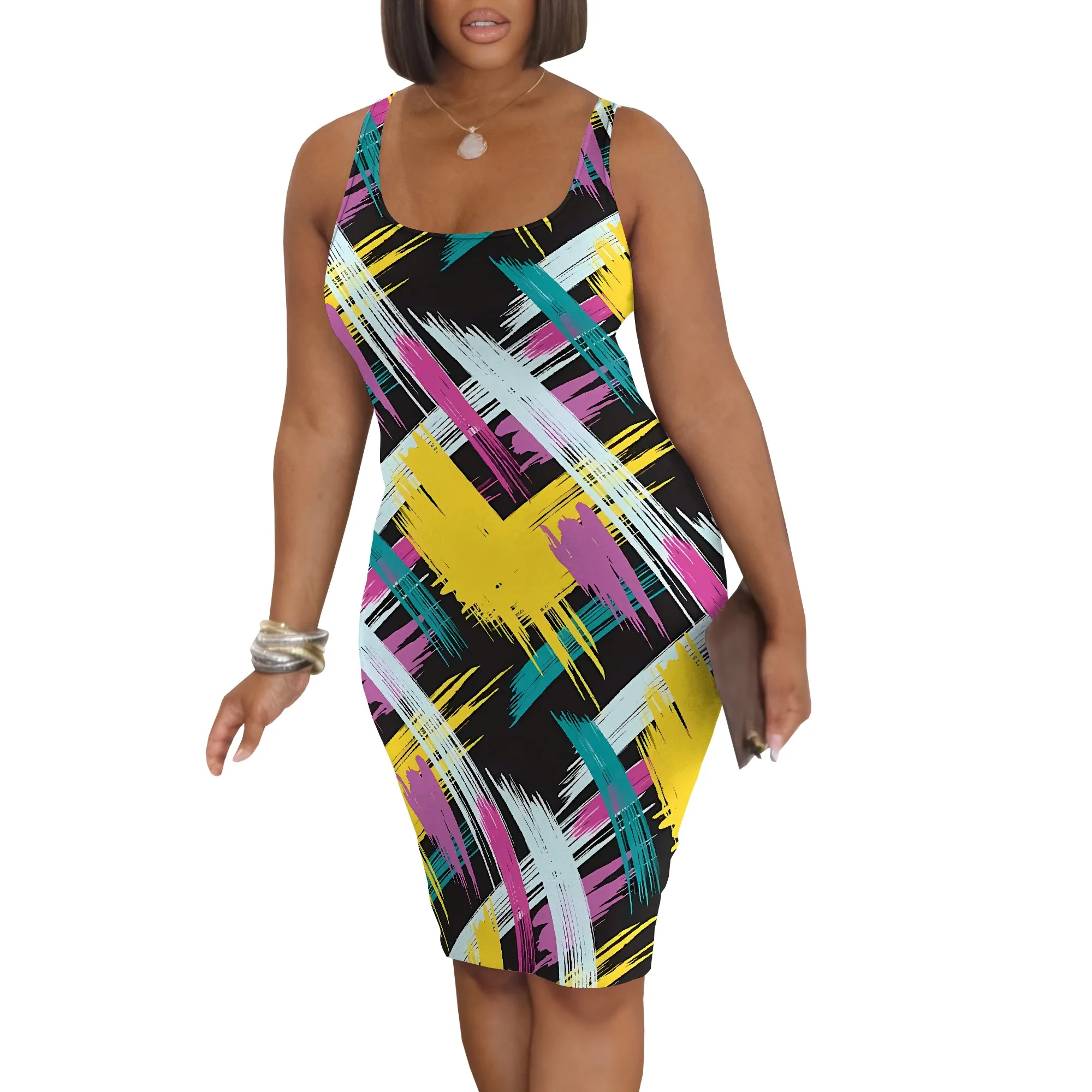 Nupusa Colorful Brush Print Dress for Women Regular Size Summer Casual Square Neck Sleeveless Dress