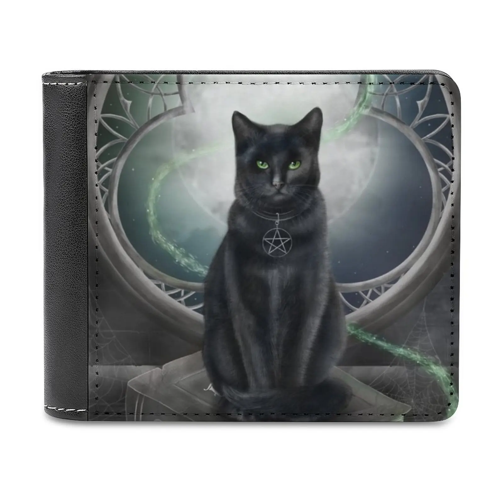A Familiar Cat Leather Wallet Men Classic Black Purse Credit Card Holder Fashion Men's Wallet Cat Witch Pagan Wiccan Magic