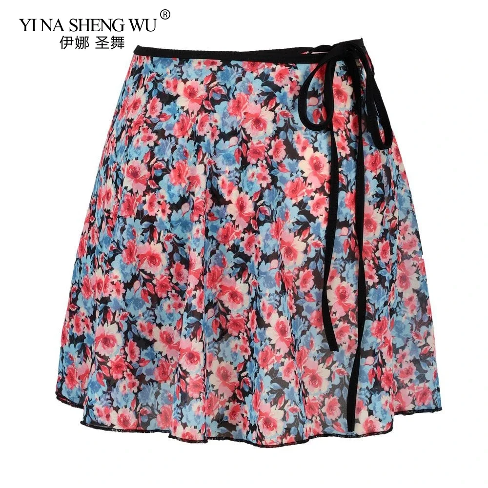 المرأة الباليه الرقص تنورة قصيرة عالية الجودة الشيفون لينة زهرة ممارسة تنورة صغيرة الكبار الأزهار طباعة فستان رقص الباليه