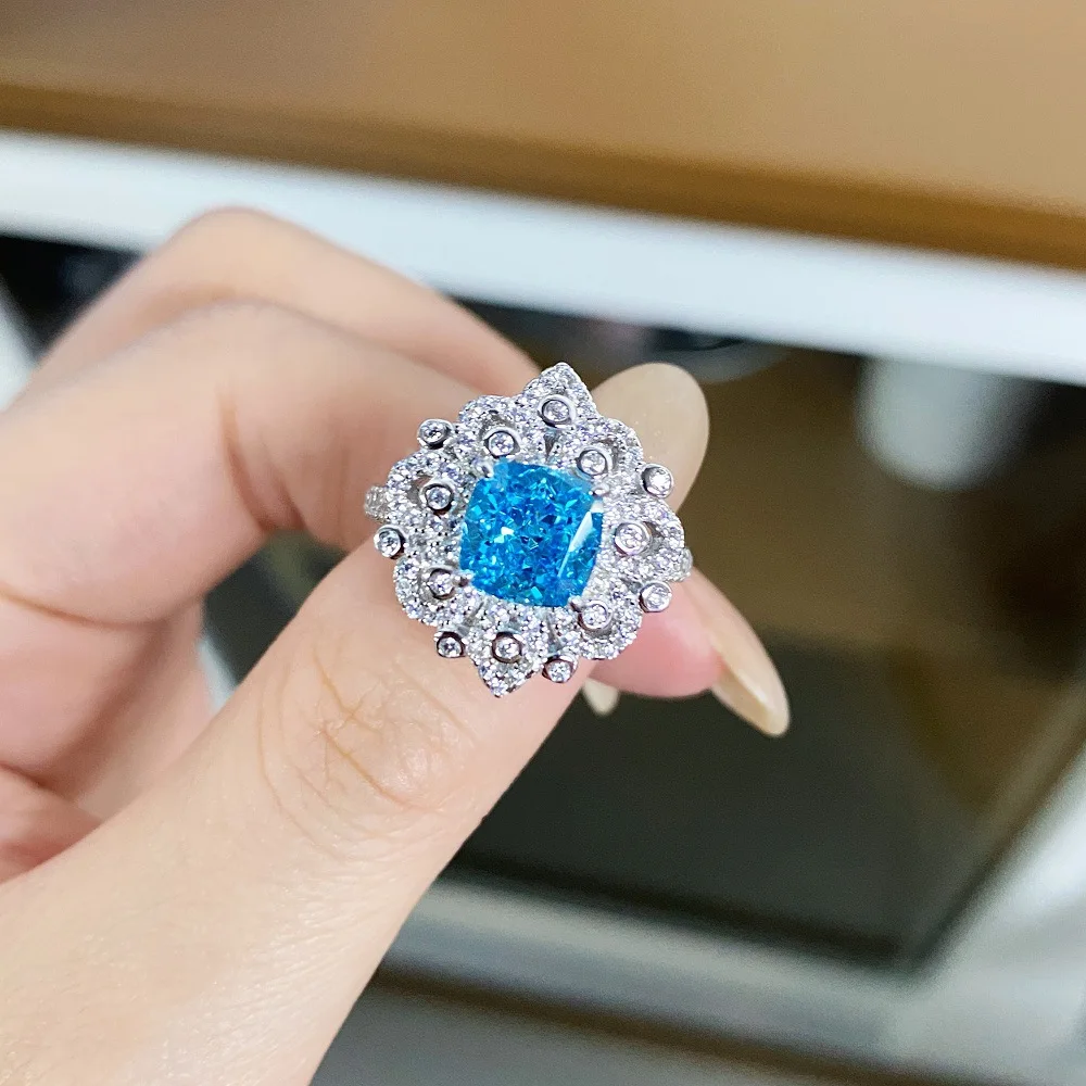 

S925 Pure Silver Navy Blue Treasure Ring, European and American Cross-border Luxury Inlaid Ice Flower Cut Zircon Ring Worker