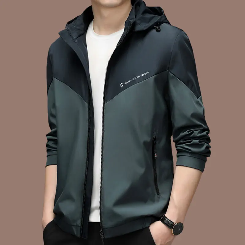

New Men's Slim Fit Hooded Jaet Spring Autumn Casual Patchwork Color Busin Outerwear Trendy Haome Middle-aged HE
