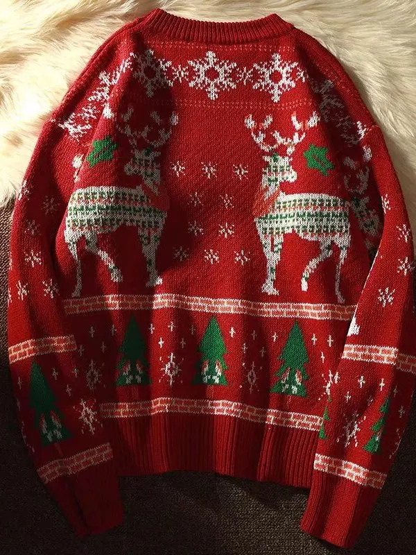 Suéter de Punto Hoado Estilo Navideño Fair Isle, ex, para Estudiantes y Parejas, Manga Larga, Cuello Redondo, Abrigo Cá...