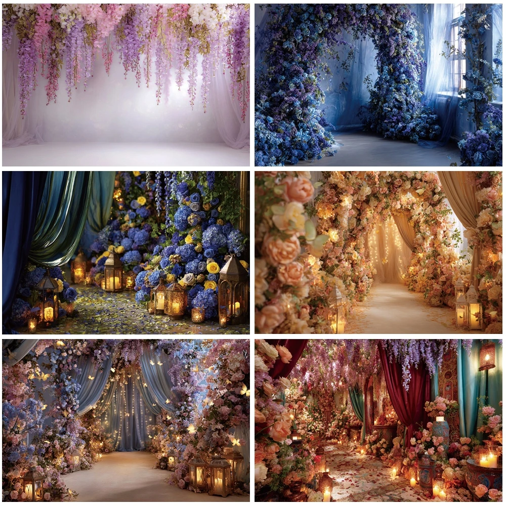 

MOON.QG Floral Window Curtain Backdrop Flower Petal Lantern Backgrounds For Photographs Maternity Poster Photo Studio Birthday