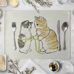 1 Pcs Cute Funny Cat Pattern Kitchen Placemat Dining Table Mats Drink Coasters Western Pad Cotton Linen Cup Mat Table Dining