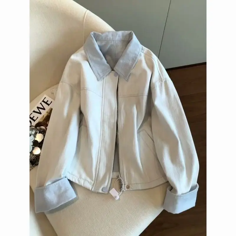 

Корейский стиль, ретро, контрастная рабочая одежда, джинсовая куртка для женщин, осенний дизайн, универсальная повседневная куртка, топ