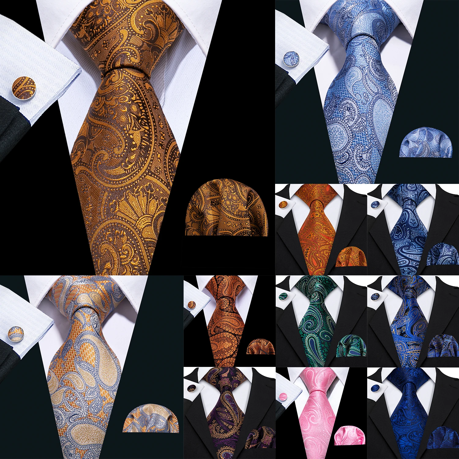 

Barry.Wang Luxury Jacquard Paisley Silk Mens Tie Hankerchief Cufflinks Set 20 Colours Necktie for Male Wedding Party Business