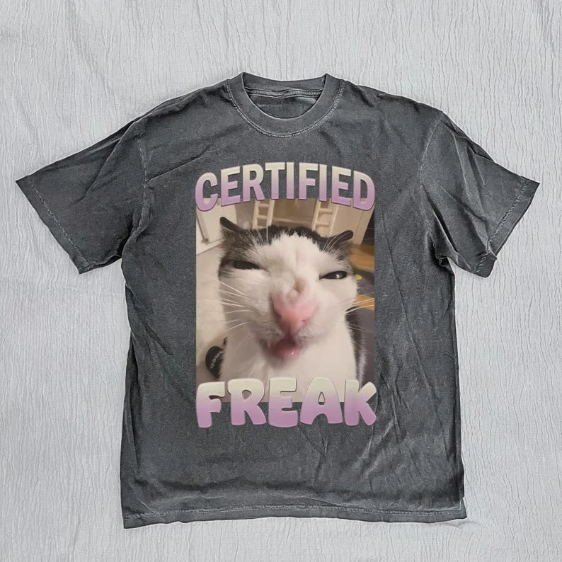 Kaos Retro Lucu Motif Emoji Kucing Unik, Kaos Kucing Retro Cuci Lama, Hadiah untuk Pecinta Kucing, Kaos Lengan Pendek Remaja Lucu