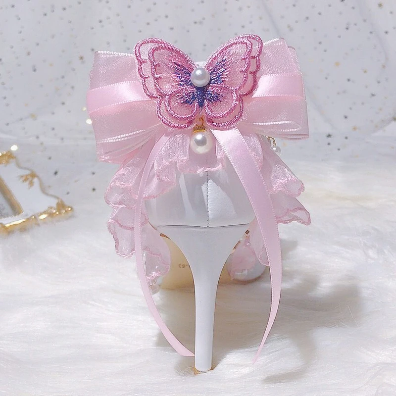 Lolita Sweet Pink Lace Bowknot Rhinestone High Heels Women Shoes Pointed Pearl Tassel Bridal Wedding Shoes Flower Wedding Shoes