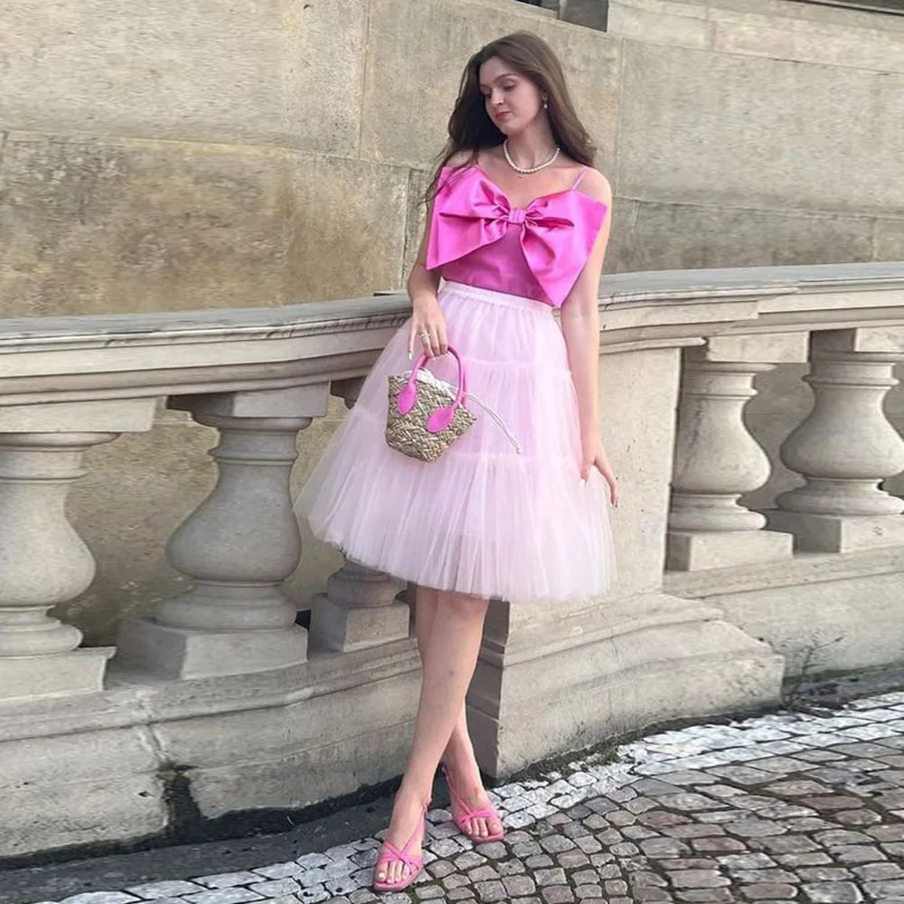 

Sweety Light Pink Midi Tulle Women Skirts With Bright Line Details A-line Tutu Tulle Girl Skirt Stretchy Waistband