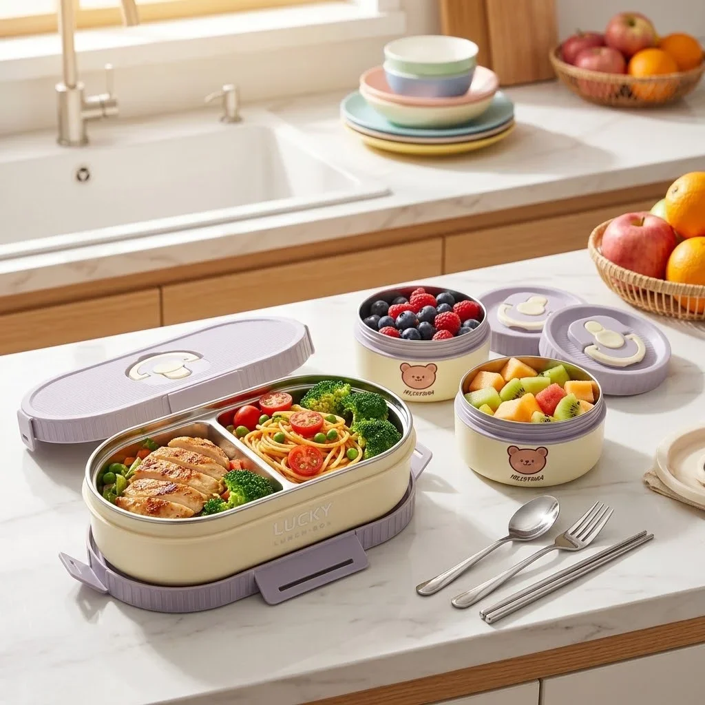 304 Stainless Steel Bento Box Set Thermal Lunch Box Microwavable Divided Food Storage Containers Leakproof Kids School Adults