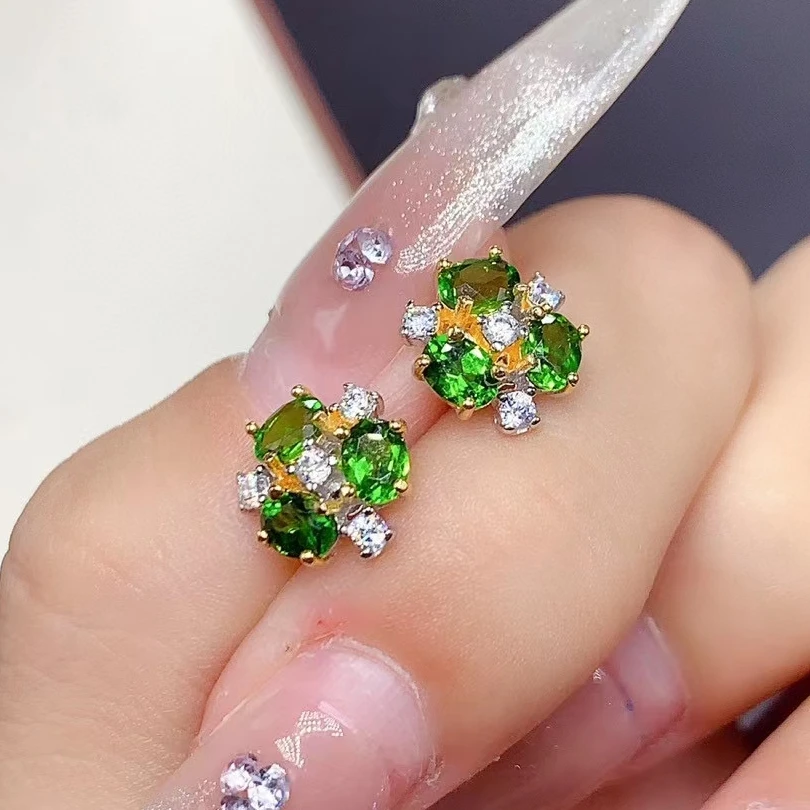 

Cute 925 Silver Stud Earrings with Gold Lated 3mm*4mm Total 0.8ct Natural Diopside Earrings Allergy Free Chrome Diopside Jewelry