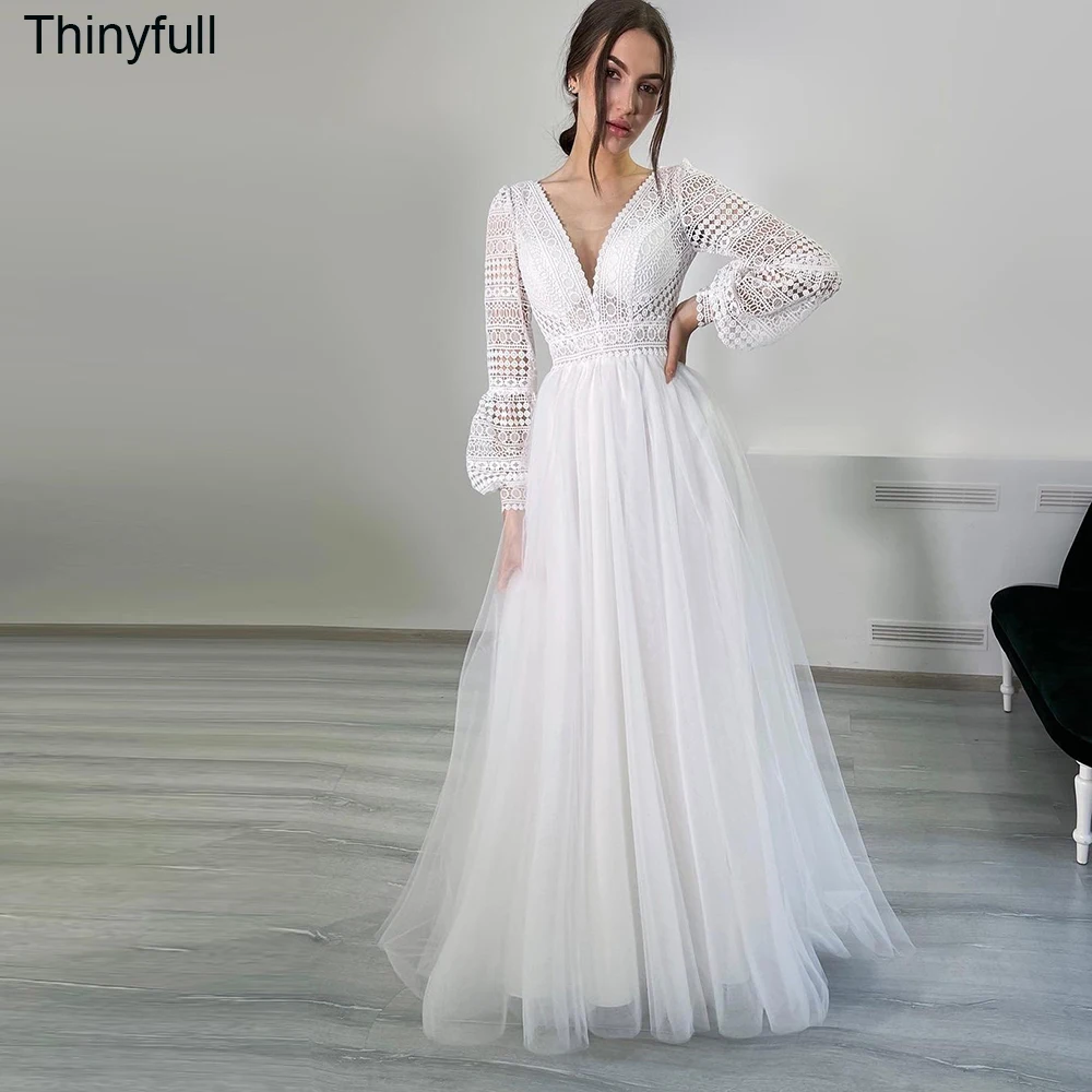 

Thinyfull A-line Boho Wedding Dresses V-neck Long Sleeves Bride Dresses Tulle Princess Bridal Gown Custom Made Vestido De Novia