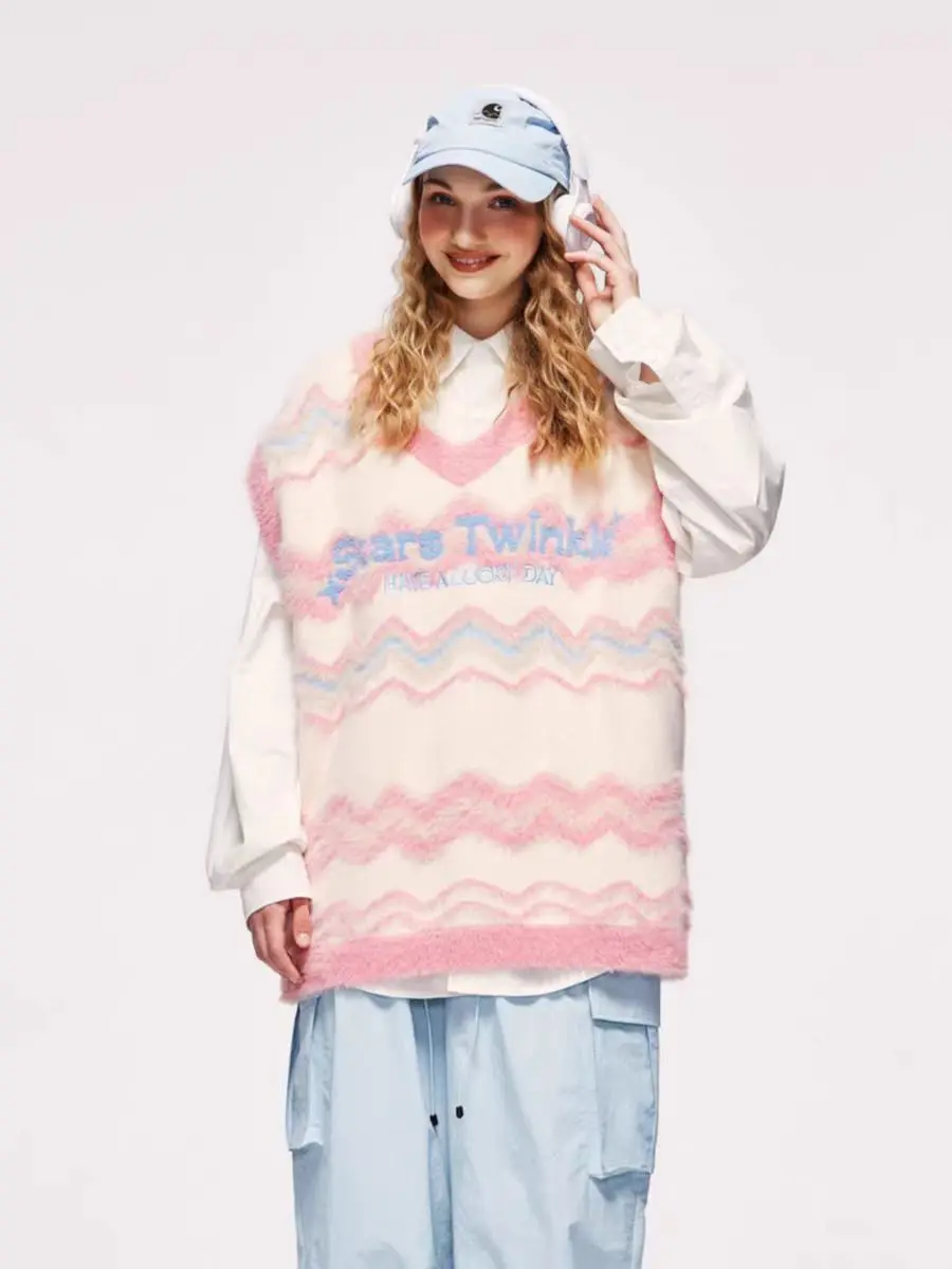 

Pink Striped Knitted Vest Women 2025 Letter Embroidery Contrast Color Y2k Pullover Sweet Fashion Warm Sweater Outerwear Jumpers