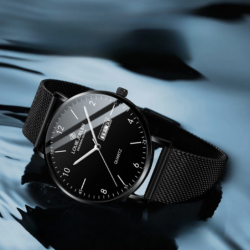 

LOUIE JUELEN простые кварцевые часы для мужчин, водонепроницаемые наручные часы со стальной сеткой, дисплей даты и недели, мужские часы, ультратонкие мужские часы