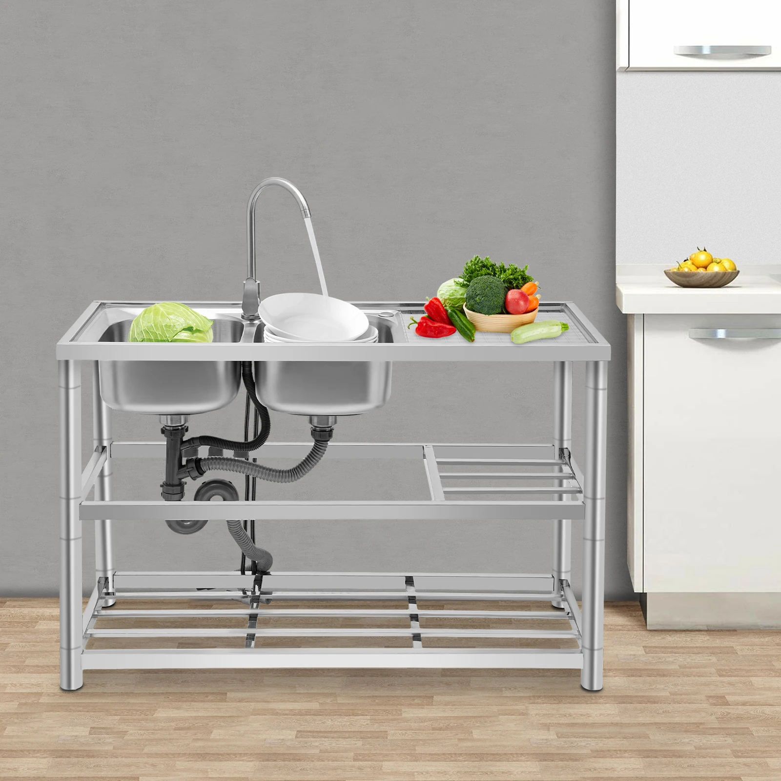 

Раковина с двойной чашей на 360° ° Вращающийся смеситель, просторный объем, полный набор для дома, кухни, заднего двора, гаража, прачечной, отеля