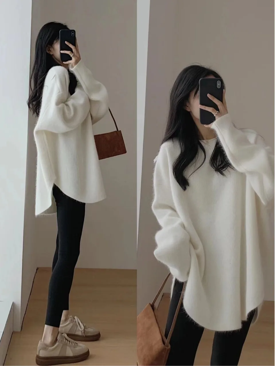 Red Knitted Sweater Women's Mid-Length Inner Wear Top Vintage Sle Loose Fit Soft Material Long Sve round Ne Pullover