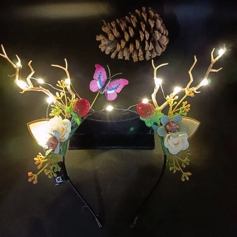 

10pcs Children Adult Girl LED Light Up Headband Elk Antler Reindeer Berry Simulation Flower Pine Cones Party Navidad Christmas