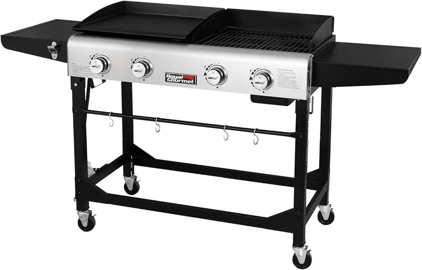 GD401 Portable Gas propana Grill dan wajan Kombo dengan sisi meja | 4-Burner, kaki lipat, serbaguna